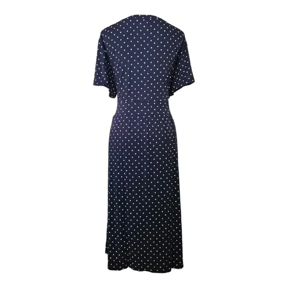 L.L. Bean Dress Faux Wrap Knit Short Sleeve Polka Dot Coastal M - Picture 2 of 6